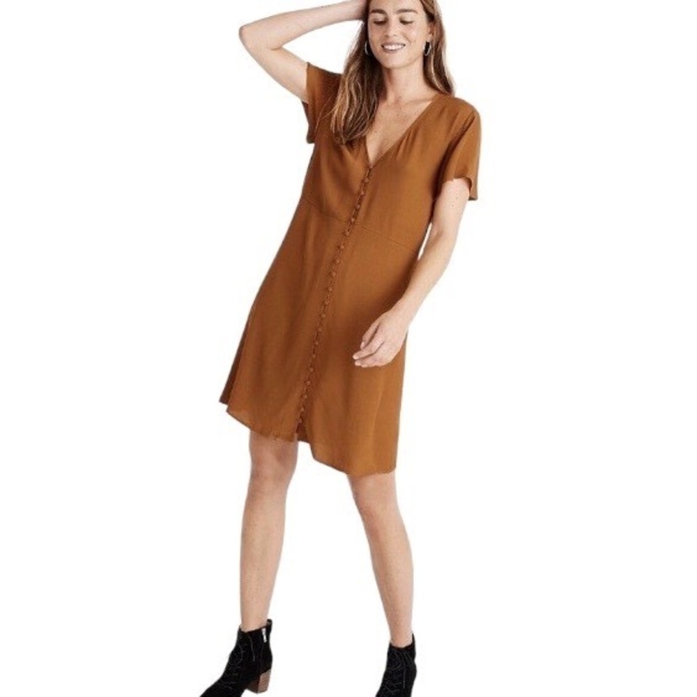 Madewell Button-Front Day Mini Dress Medium Burnt Orange V-Neck Short Sleeve